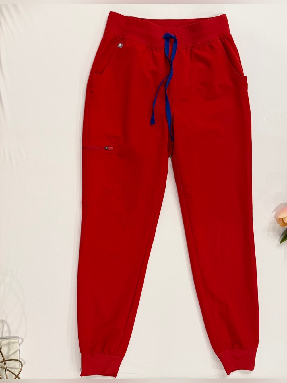 Figs Red Jogger Pants with Blue Drawstring